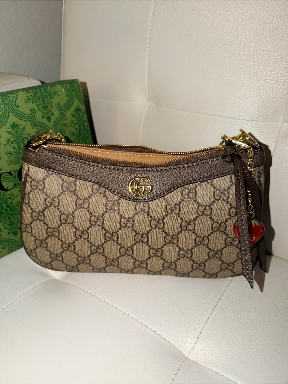 Gucci Beige GG Canvas Mini Shoulder Bag with Brown Trim and Red-Green Web Strap - Picture 6 of 8